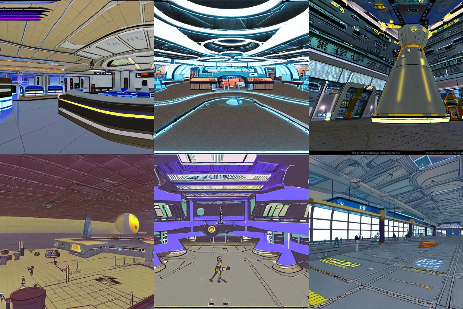 Prompt: inside the terminal building of a space port, from a space themed Lucasarts point and click graphic adventure game made in 1999