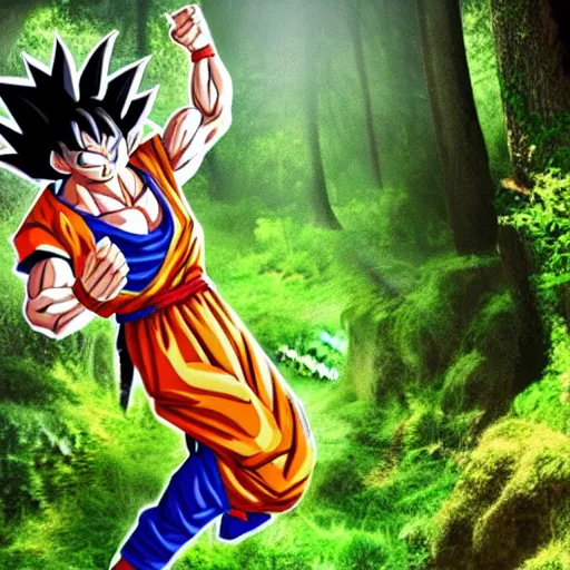 photorealistic Goku wall paper in a forest beautiful | Stable Diffusion ...