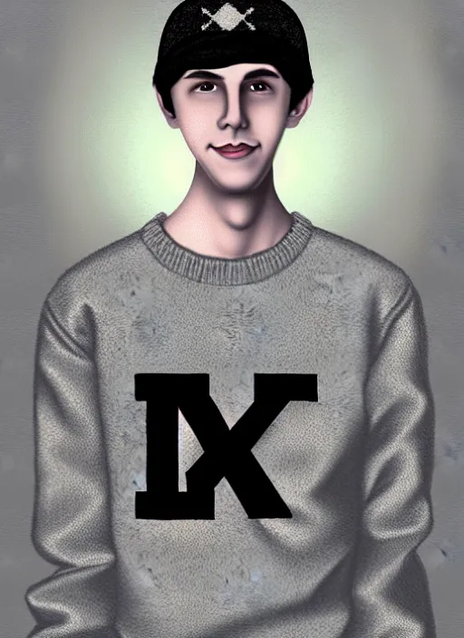 Image similar to portrait of teenage jughead jones wearing a light grey crown, photorealistic, crown, eyes closed, crown, black hair, sweater with letter s on it, letter s, intricate, elegant, glowing lights, highly detailed, digital painting, artstation, concept art, smooth, sharp focus, illustration, art by wlop, mars ravelo and greg rutkowski