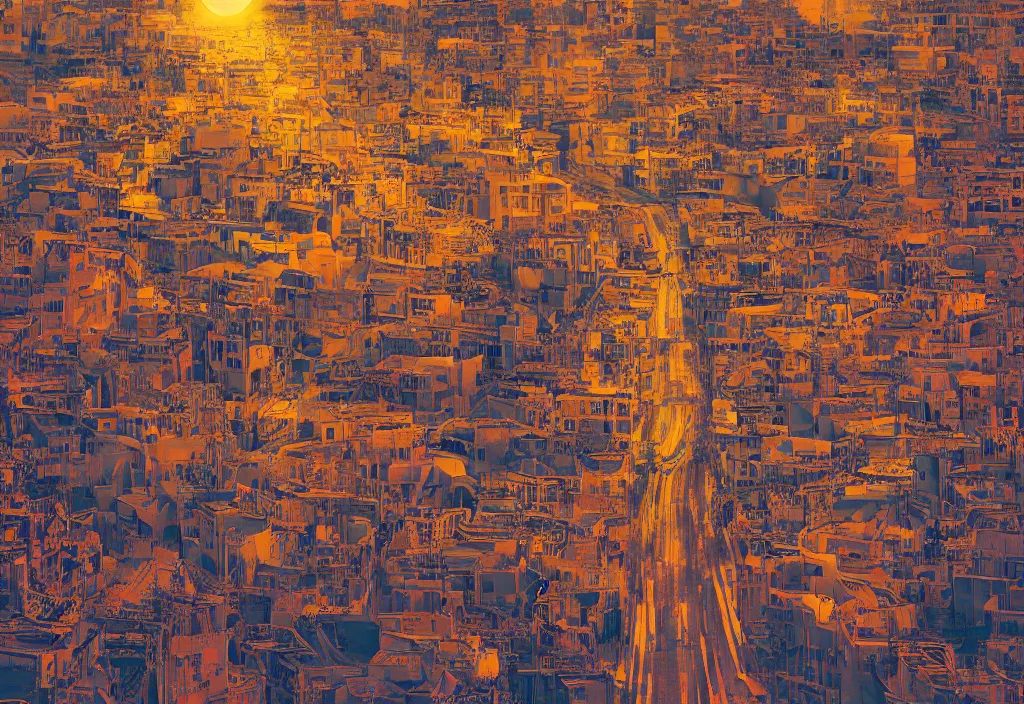 Image similar to accidentally wes anderson award - winning photograph of a lunar cosmic city, iranian street, art by greg rutkowsky, trending on artstation, cinematic lighting, filmic grain, golden hour, detailed, 4 k