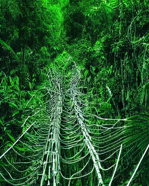 Image similar to a perspective piece of power cables going through a jungle, epic digital art