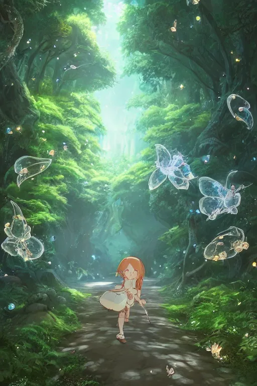 Prompt: forest path, fairy, beautiful ancient trees, hiding large treasure chest, glowing fireflies, serene evening atmosphere, soft lens, soft light, cel - shading, animation, in the style of cgsociety, deviantart, artstation, zbrush, cinema 4 d, studio ghibli, akihiko yoshida, atelier lulua, masamune shirow