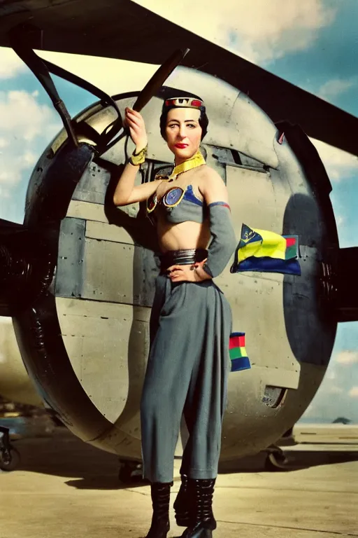 Prompt: 5 0 mm f 8 full body wide shot portrait colorized photography of a wwii bomber pilot who's a mix of cleopatra and mata hari with grey eyes and rainbow ponytail hair, expression concentrated, setting is in a starship hangar bay, by omar z. robles