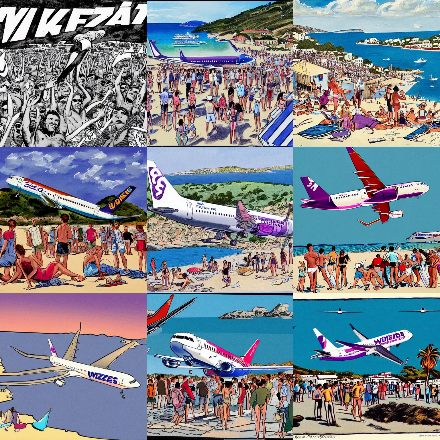 Prompt: comic illustration of a wizzair airbus a 3 2 1 neo landing at skiathos airport, low over the heads of the people on the beach, art by wally wood