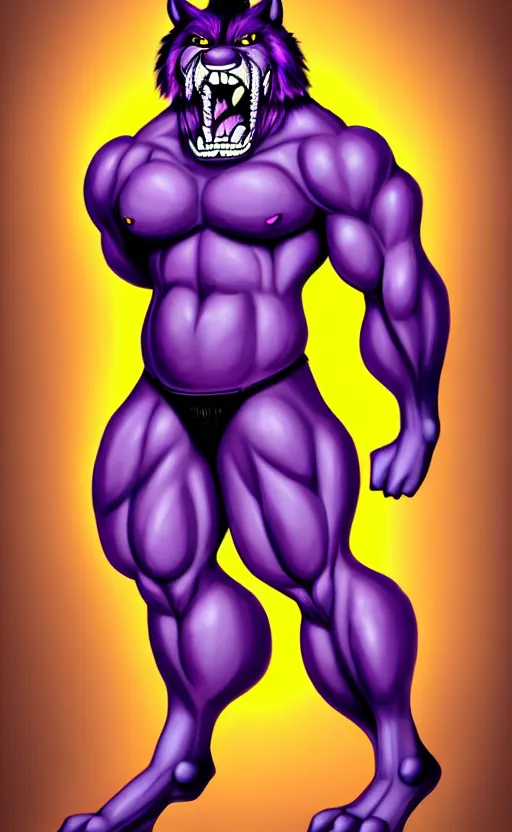 Image similar to painting of an anthropomorphic bulky muscular purple wolf, furry style, wearing jeans, deviant art, fursona, professional furry drawing, insanely detailed, bulky wolf - like face with dragon features, doing a pose from jojo's bizarre adventure, detailed veiny muscles, exaggerated features, beautiful shading, huge teeth, grinning, colorful background