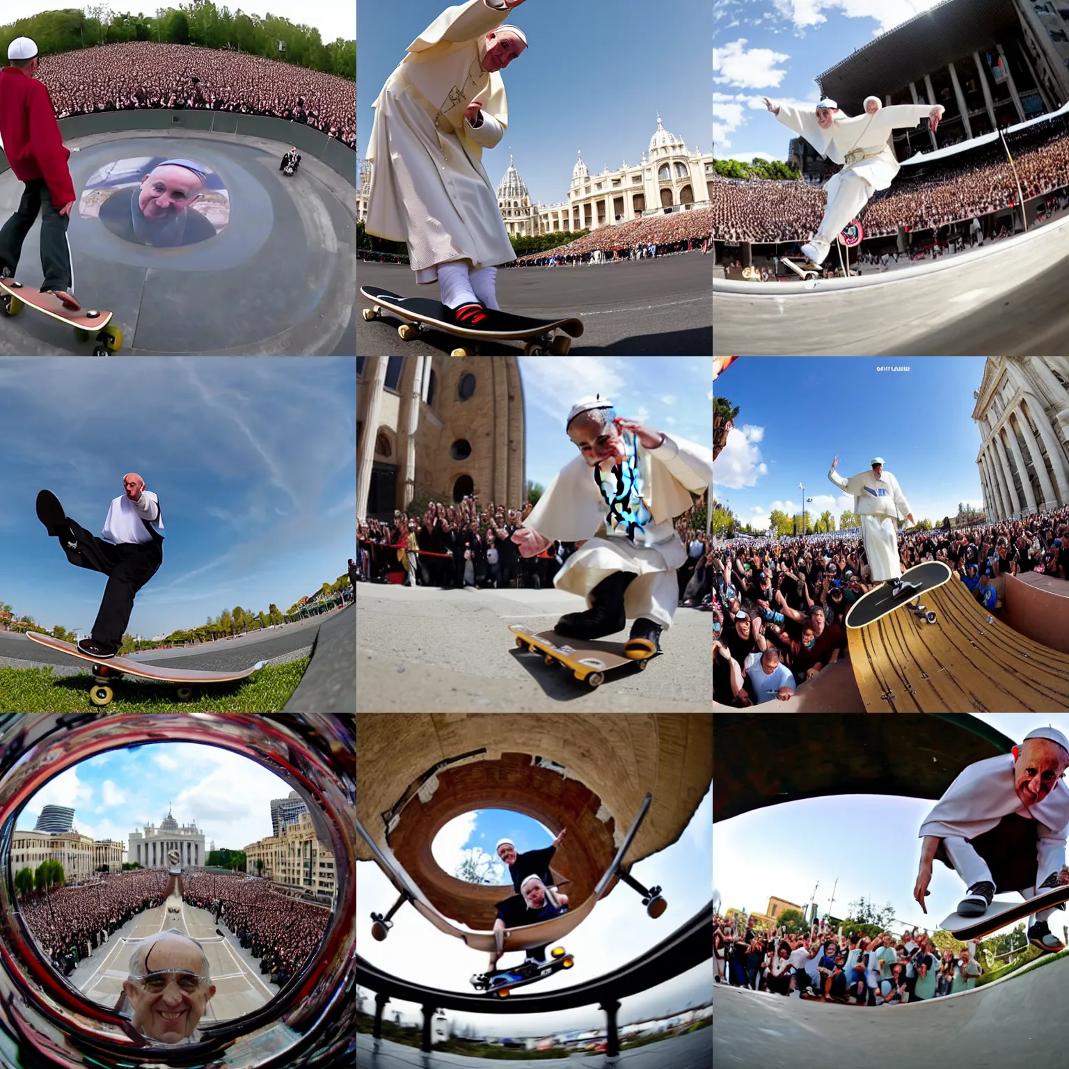 Prompt: Fish eye lense 4k of pope Francis doing a kickflip on a skateboard