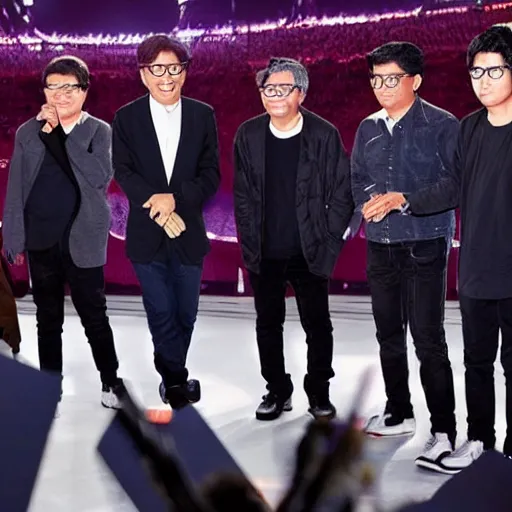 Image similar to lee sooman creating a new boyband that is not a part of neo culture technology, highly detailed, high - res, dreamscape, imagination, originality