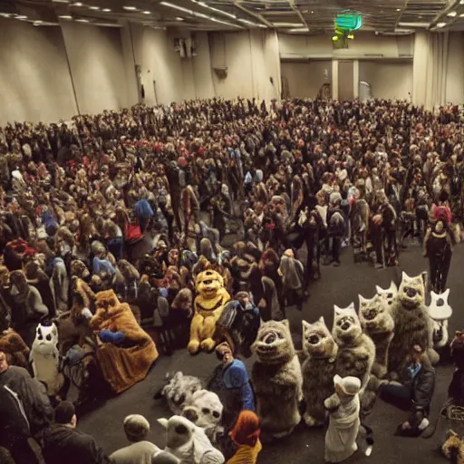 Prompt: a film still of a convention full of furries and fursuiters, directed by andrei tarkovski, cinematic