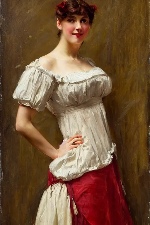 Prompt: Raimundo de Madrazo y Garreta and Solomon Joseph Solomon and Richard Schmid and Jeremy Lipking victorian genre painting full length portrait painting of a young beautiful woman traditional german french barmaid in fantasy costume, red background