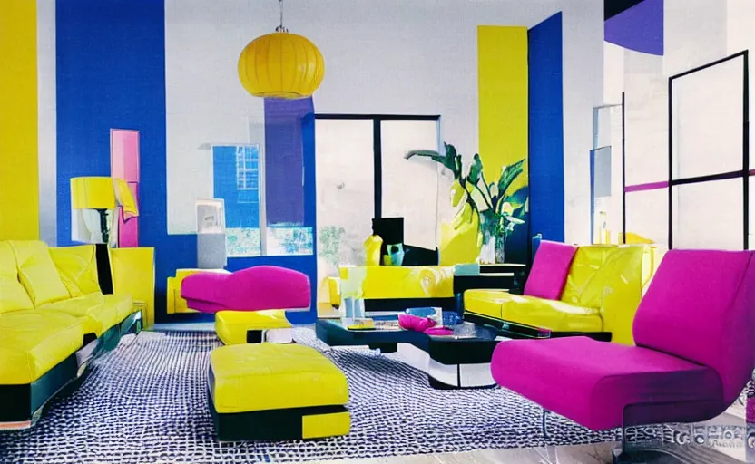 Image similar to New Wave living room interior, 1980s design, couch, retro futuristic, magenta, yellow, cyan, black and white patterns, modernist, bright, large windows