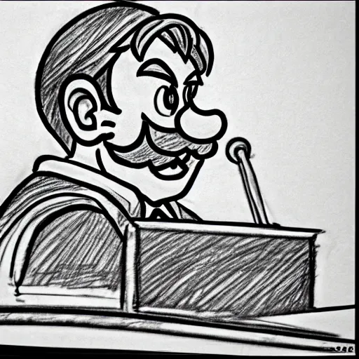 Image similar to mario at the witness stand in court. pencil court sketch. intricate. highly professionally detailed.