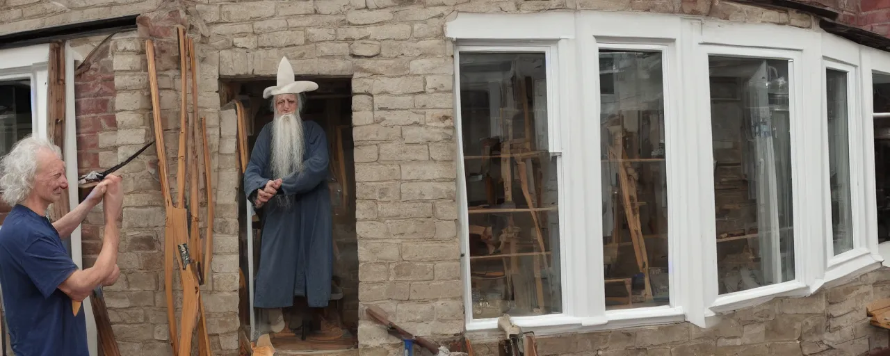 Prompt: Gandalf woodworking and creating old sash window