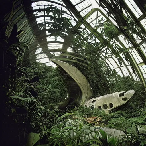 Prompt: old photo overgrown zaha hadid alphonse mucha spaceship ruins in jungle sunlight