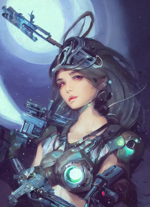 Prompt: closeup picture of a extremely beautiful and cute and aesthetic hunter with sniper made of lunar and clock, mixed mechs of lunarpunk and clockpunk, moon light through, model pose, chiaroscuro, sharp focus, highly intricate detailed face, masterpiece, epic fantasy light novel cover art illustrations by ilya kuvshinov and jeremy lipking and anato finnstark