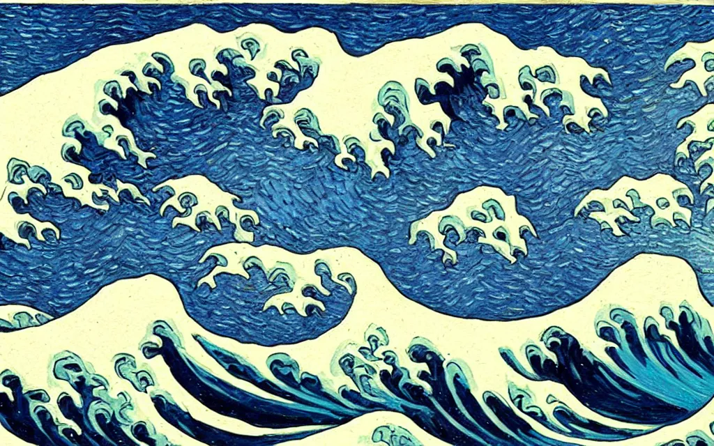 Image similar to a very beautiful and detailed painting of the great wave off kanagawa. vincent van gogh, 1 8 8 9. high resolution