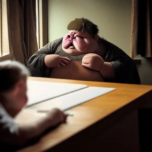 Image similar to a very fat goblin drawing his self - portrait in a room, high detail photograph, shot with sigma f / 4. 2, 2 5 0 mm sharp lens, wide shot, volumetric lighting, high level texture render