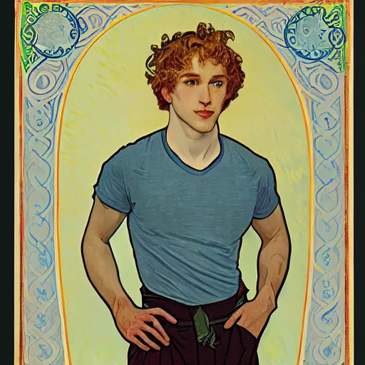 Prompt: painting of a young cute handsome beautiful strawberry blond medium wavy curly hair man in his early 2 0 s with grey - blue eyes wearing a blank t - shirt, by alphonse mucha, vincent van gogh, egon schiele