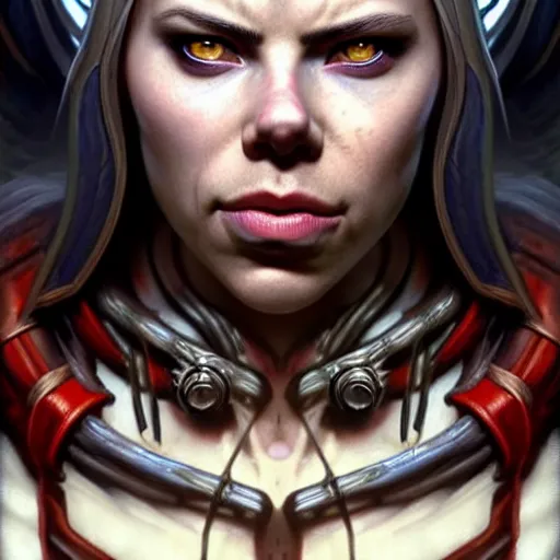 Image similar to portrait painting of a cyberpunk orc shaman extremely muscular ugly scarlett johansson with bad teeth, ultra realistic, concept art, intricate details, eerie, highly detailed, photorealistic, octane render, 8 k, unreal engine. art by artgerm and greg rutkowski and charlie bowater and magali villeneuve and alphonse mucha