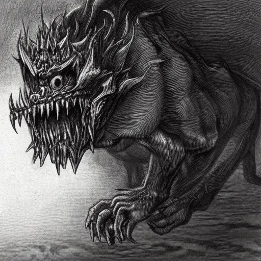 Image similar to full body grayscale drawing by Gustave Dore of muscled manticore beast growling with ferocious teeth, swirling flames in background