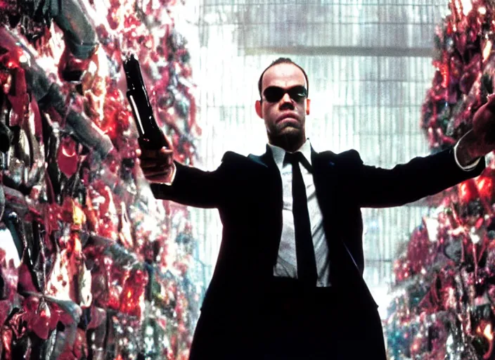 Prompt: film still of agent smith played by hugo weaving goes to the mall at christmas time in the new matrix movie, 4 k