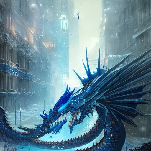 Image similar to An epic scene of a beautiful blue dragon on the snowy streets of the mythical city made of water and ice, reflections, sparkle, a fantasy digital painting, artstation, concept art, sharp focus, illustration, art by greg rutkowski and alphonse mucha, hyperdetailed, 8k