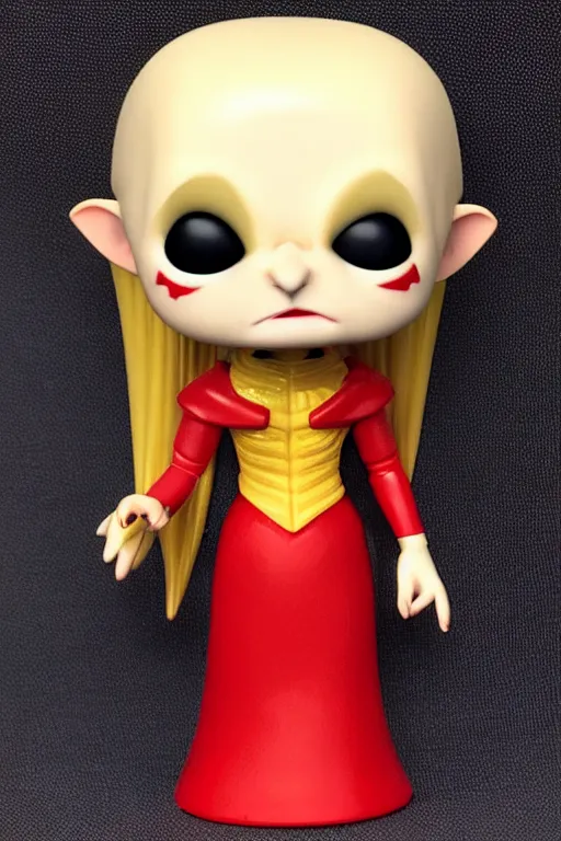 Image similar to nosferatu princess, blonde hair, wearing a red dress, highly detailed, funko pop