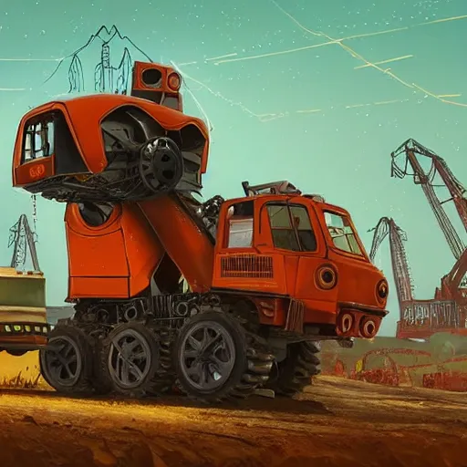 Prompt: giant scary quadrupedal mining machine, four legs, highly detailed body, retro, industrial, in the style of simon stalenhag