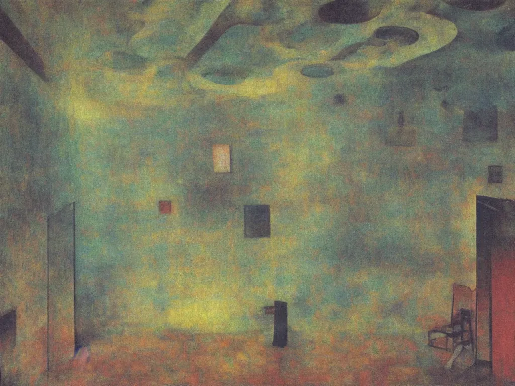 Image similar to interior of a flooded old house. aurora borealis. iridescent, psychedelic colors. painting by hammershoi, balthus, mark rothko, agnes pelton, utamaro, monet