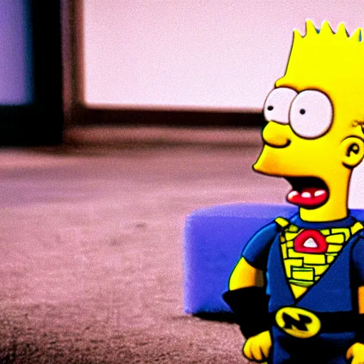 Prompt: still image of bart simpson in the dark knight, cinematic, anamorphic, 8 0 mm f / 2. 8 l, 3 5 mm film, movie