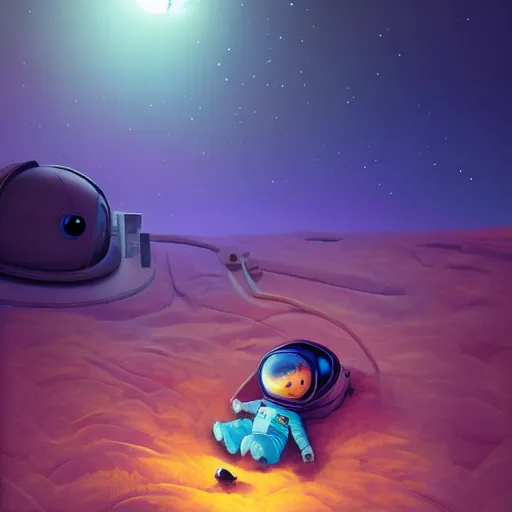 Image similar to tiny astronaut sleeping in bed on moon, time machine, ice, bioluminescence, vegetation, colorful, rim light, highly detailed, tilt shift, digital painting, concept art, smooth, sharp focus, pleasing aesthetics, 3 d render, octane render, disney pixar, 4 k