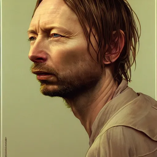 Image similar to hyper realistic, variations portrait of smooth very old thom yorke variations, strong variations, singer songwriter, ( side ) profile, liminal space, by lee bermejo, alphonse mucha and greg rutkowski, greybeard, smooth face