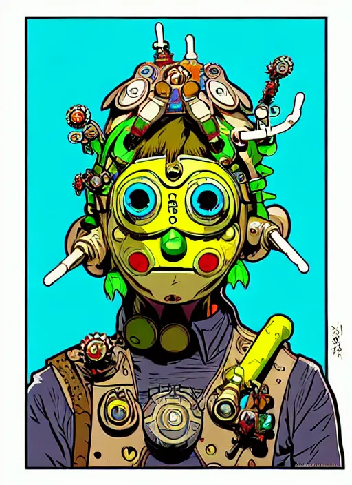 Image similar to biopunk majoras mask link from zelda!! portrait illustration, pop art, splash painting, art by geof darrow, ashley wood, alphonse mucha, makoto shinkai