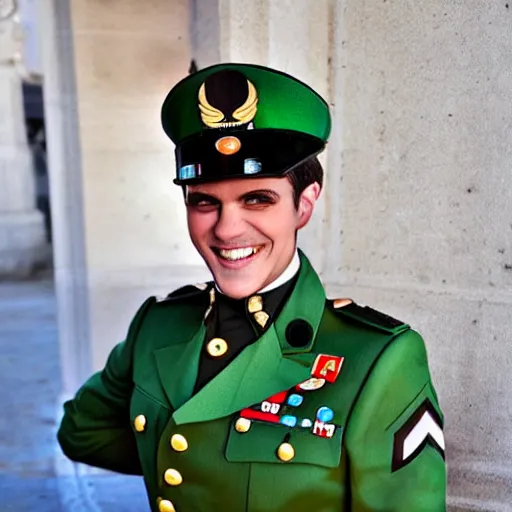 Image similar to brunette, short flip out hair, emerald eyes, evil smile, military uniform