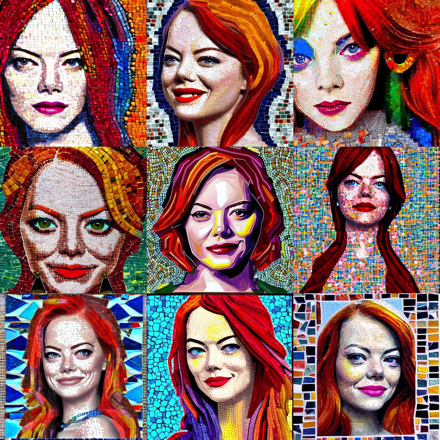 Prompt: detailed colorful'emma stone'in zeugma mosaic, artstation, many small and colorful stones, extreme detail, red hair