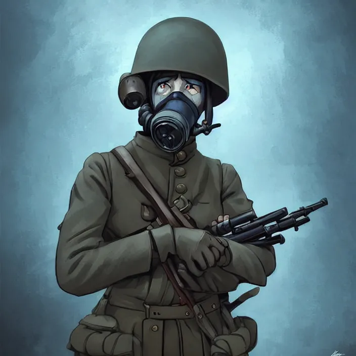 Prompt: portrait of a ww 1 german soldier with gas mask and rifle running towards us, in the style of artgerm and charlie bowater and atey ghailan and mike mignola, scary, dark ominous mood, epic cold blue lighting, rim light, fire, vibrant colors and hard shadows and strong rim light, comic cover art, plain background, trending on artstation