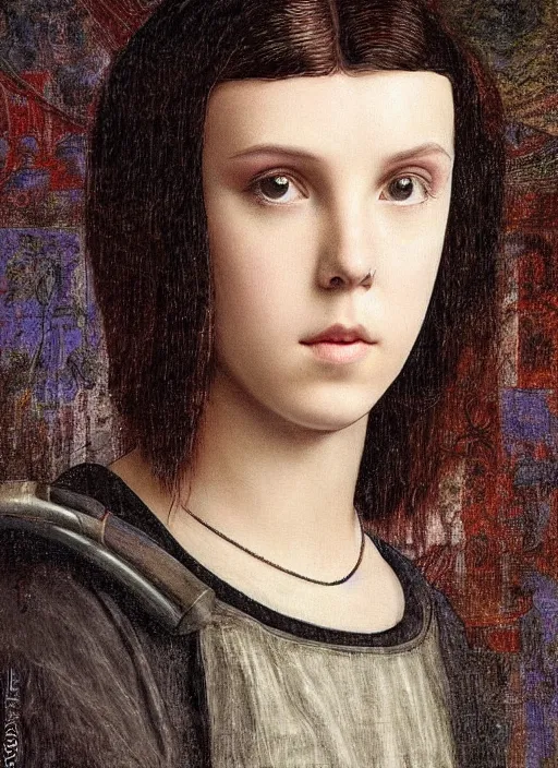 Image similar to Portrait of cyberpunk Millie Bobby Brown by Leonardi Da Vinci