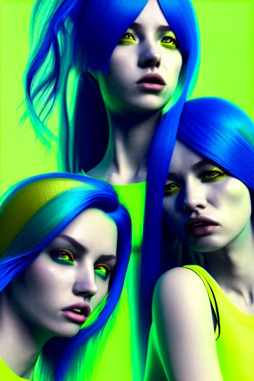 Image similar to 3 gorgeous young females with perfect skin made from smooth black silk, glowing neon energized blue hair, green hair, and yellow hair, conceptual character design, unreal engine 5, hyper - realistic, full body shot, wide angle, sharp focus, 8 k high definition, award - winning cgi realism, by kilian eng artstation