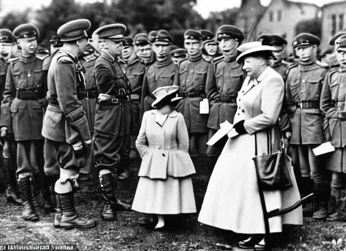 Image similar to ultra wide 1 9 4 6 historical far away photo a german general surrendering to young queen elizabeth, her corgis are nearby highly detailed