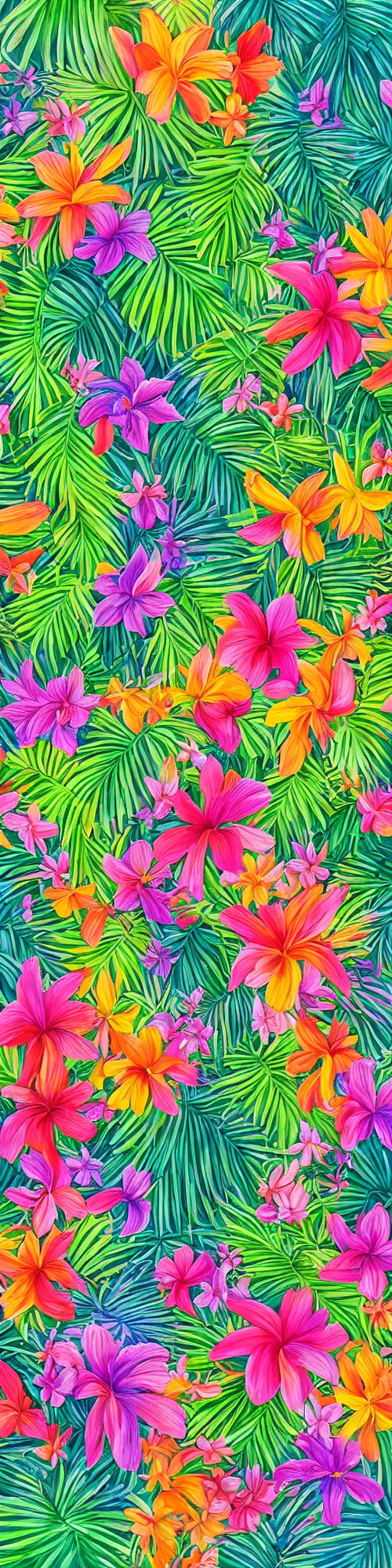 Prompt: a wall painting of tropical plants and flowers by lisa frank, behance, airbrush art, digital painting