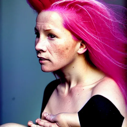 Image similar to a beautiful woman with pink hair and fair skin, portrait photograph, nikon 3 5 mm, photograph by annie leibovitz and steve mccurry,