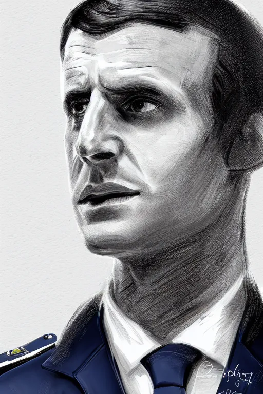 Image similar to emmanuel macron dressed as a police officer, highly detailed, digital art, sharp focus, trending on art station