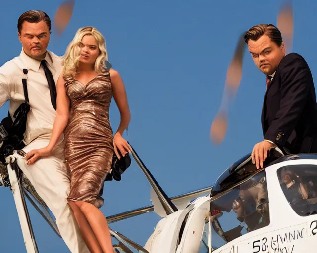 Image similar to leonardo dicaprio as the wolf of wall street next to margot robbie as naomi from the wolf of wall street in a helicopter, hyper realistic faces, beautiful eyes, cinematic, long shot, hyper detailed, 8 5 mm photograph, 8 k resolution, film still, sharp lens, wide lens