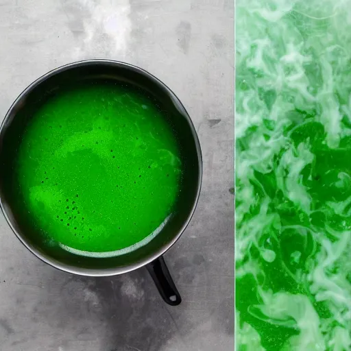 Image similar to brewing violent bubbling green fluid soup, green steam rising from soup