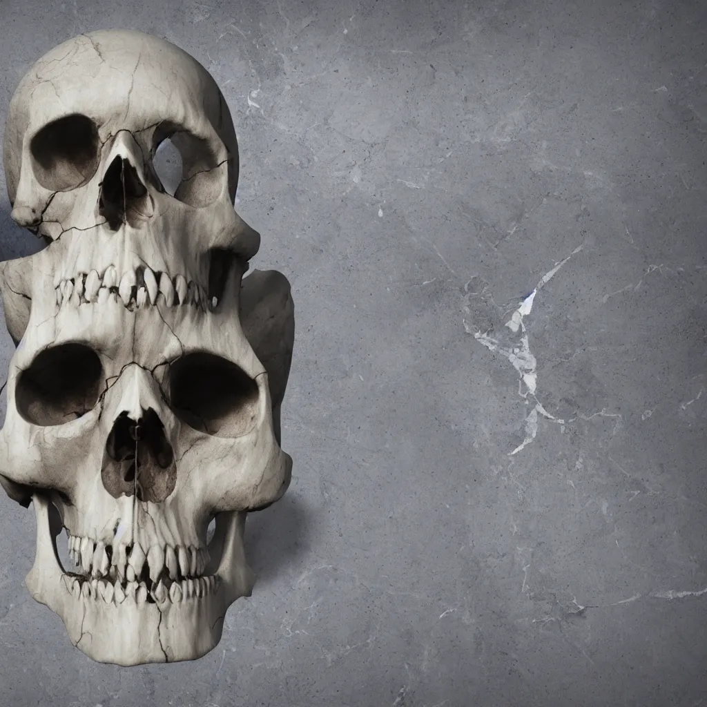 Image similar to octane render of a skull made out of marble, breaking into many pieces