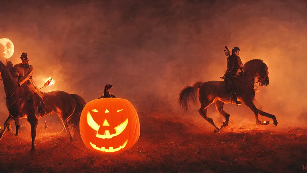 Image similar to a headless!!! colonial rider!!!! holding a jack - o - lantern on lone rampant!!! ( ( black horse ) ) with fiery eyes, background gnarled trees and large supermoon, in the styles of greg rutkowski, keith parkinson, and john quidor, intricate, detailed, volumetric lighting