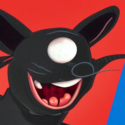 Image similar to A extremely highly detailed majestic hi-res beautiful, highly detailed head and shoulders portrait of a scary terrifying, horrifying, creepy evil black cartoon rabbit with scary big eyes, earing a shirt laughing in the style of Walt Disney