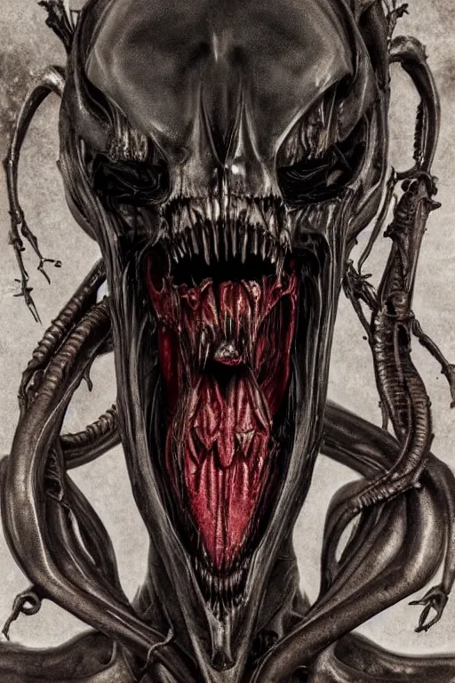 Prompt: skull - tongue as xenomorph queen, psycho stupid fuck it insane, looks like death but cant seem to confirm, cinematic lighting, decaying acid bleeding colors, various refining methods, micro macro autofocus, ultra definition, award winning photo, to hell with you, later confirm hyperrealism, devianart craze, photograph picture taken by gammell - giger