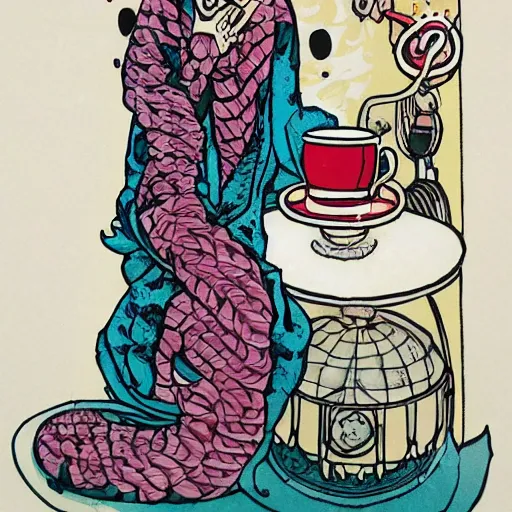 Image similar to Japanese beauty wrapped in a snake having tea with her husband by Toshio Saeki, high detailed