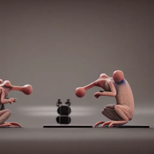 Image similar to hyperrealistic film still of two frogs playing chess stunning 3 d render, inspired by istvan sandorfi & greg rutkowski & unreal engine, perfect facial symmetry, dim volumetric cinematic lighting, 8 k octane comprehensive render, extremely hyper - detailed, incredibly lifelike attributes, intricate, real flesh texture, masterpiece, artstation, stunning,