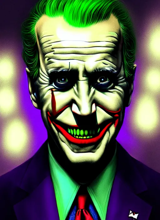 Image similar to portrait of joe biden as the joker, green hair, intricate, elegant, glowing lights, highly detailed, digital painting, artstation, concept art, sharp focus, illustration, art by wlop, mars ravelo and greg rutkowski